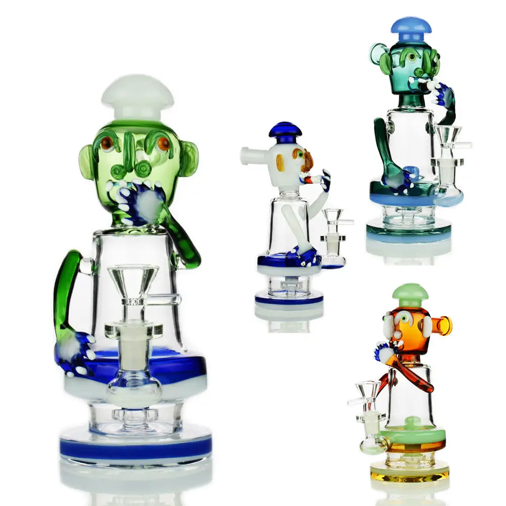 Colorful glass water pipes with cartoon designs featuring a 14mm male bowl