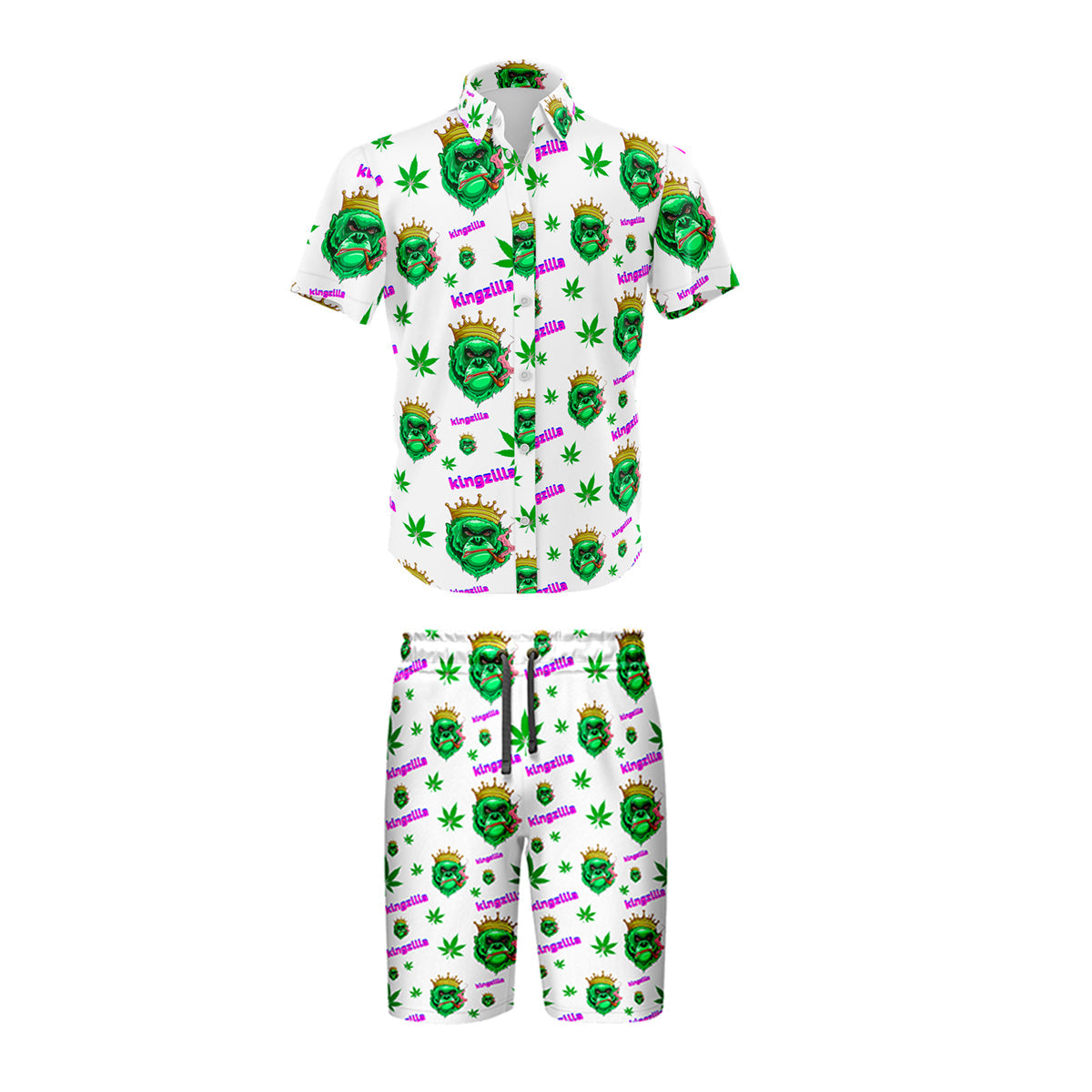 Kingzilla White Leaf Print Shirt & Short Set