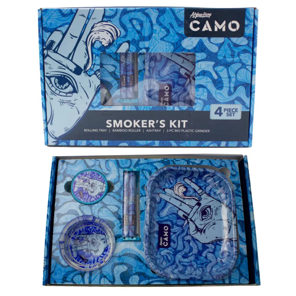Afghan hemp camo smokers kit with blue camo tray, roller, ashtray, grinder