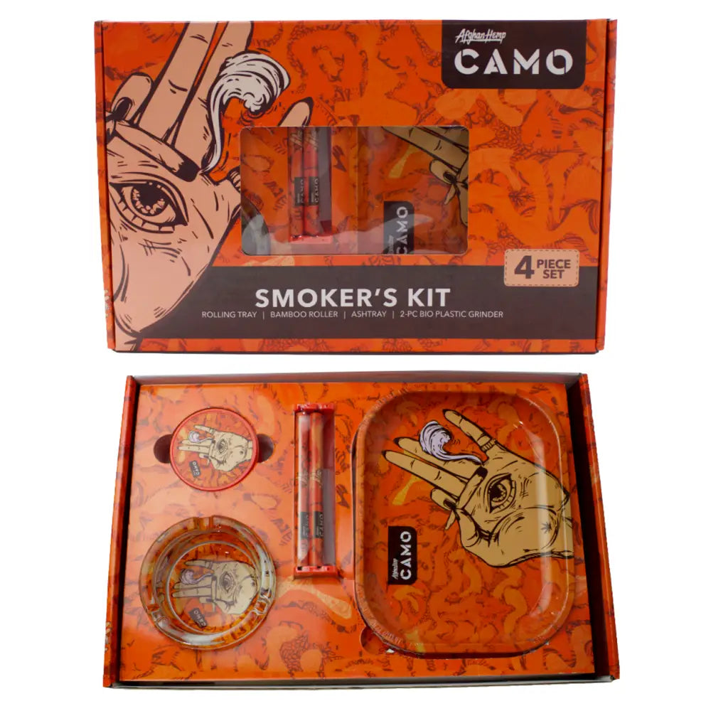 Afghan hemp camo smokers kit with orange black peace sign design
