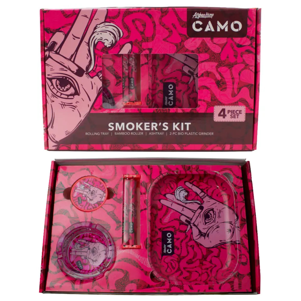 Pink translucent Afghan Hemp Camo Smokers Kit tray with peace hand and eye
