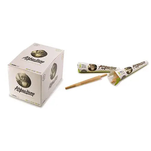 Afghan hemp cone display in two sizes with white green packaging