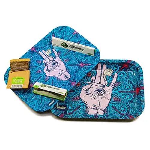 Afghan hemp metal tray with blue paisley, hand designs, eye motif