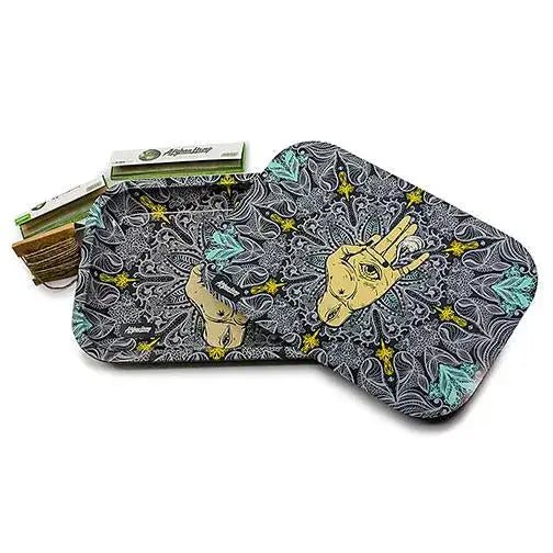 Afghan hemp metal tray with gray paisley patterns and yellow peace sign