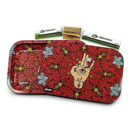 Afghan hemp metal tray with red psychedelic peace sign design