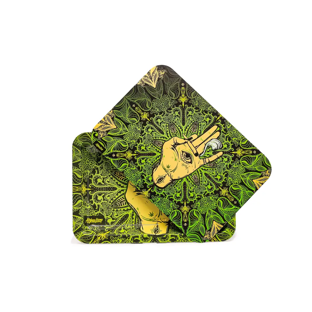 Afghan hemp metal tray with green black mandala and yellow hand