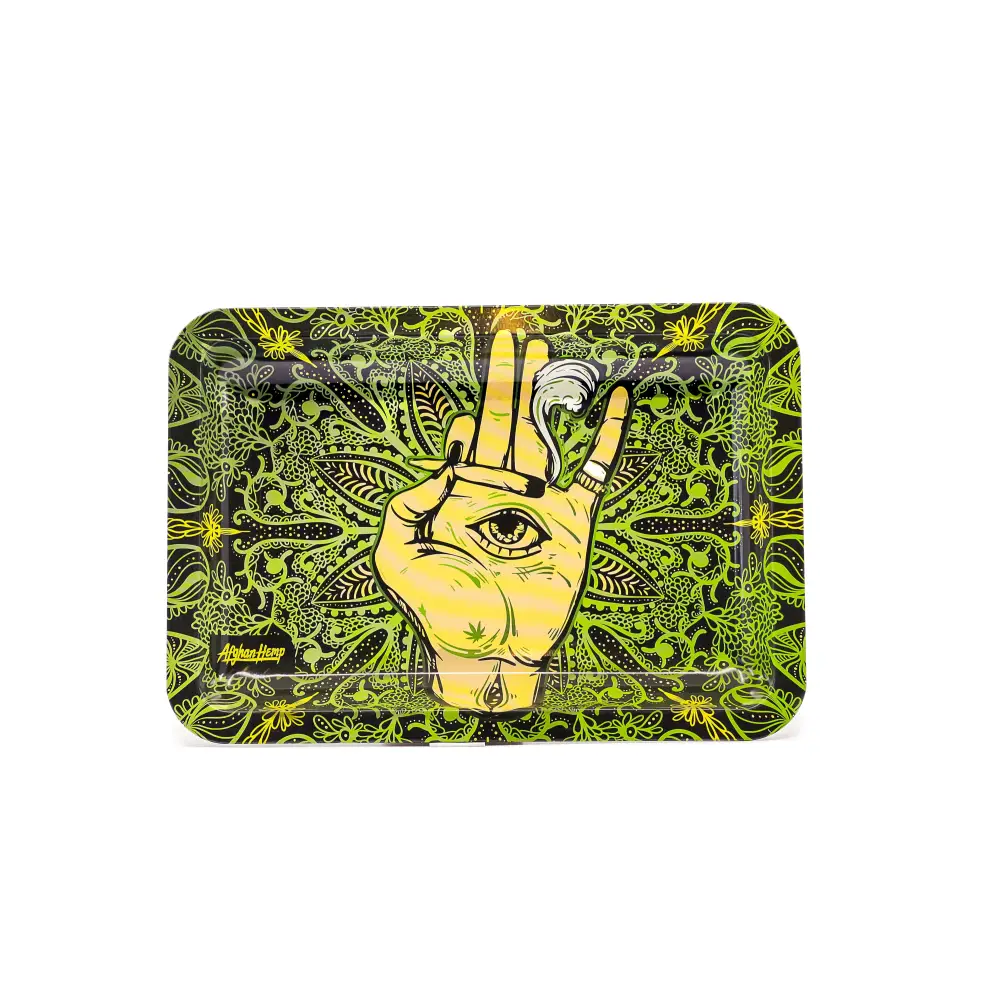 Afghan hemp metal tray with green black hand eye floral design