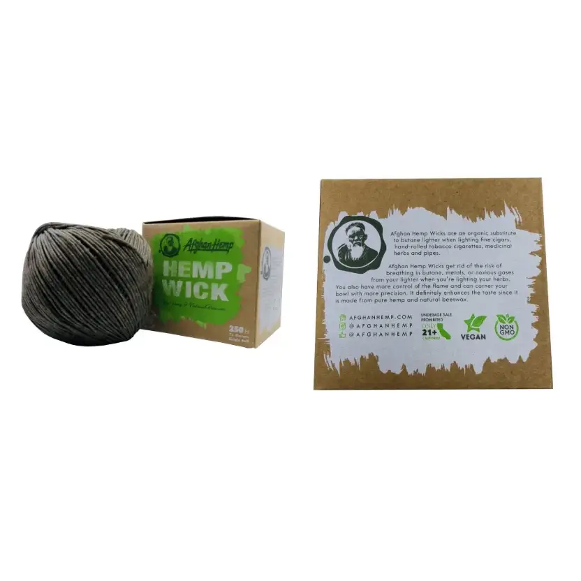 Afghan hemp wick ball with green brown packaging, premium smoking accessory
