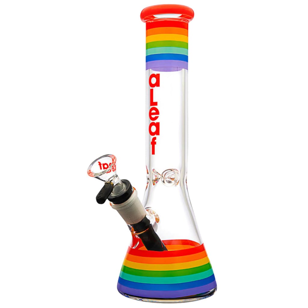 Clear Aleaf Pride Beaker Water Pipe with rainbow bands and red logo