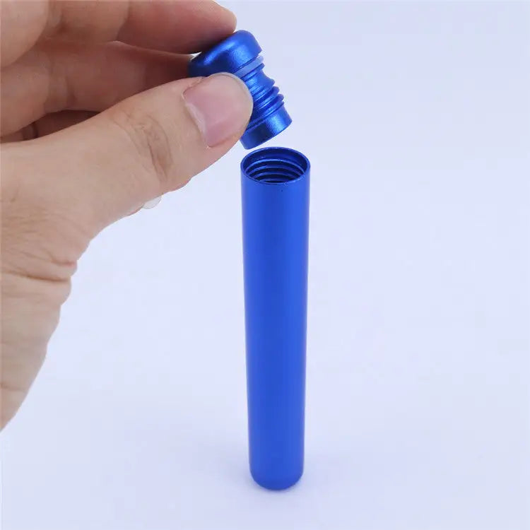 Blue aluminum pre roll tube with threaded cap for odor-free storage