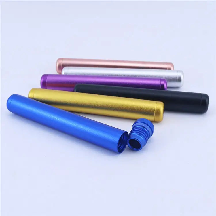 Colorful aluminum pre roll tubes in rose gold, silver, purple, black, yellow, blue