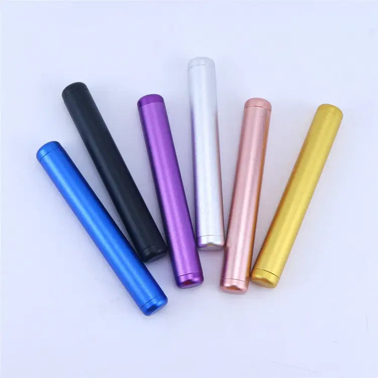 Six vibrant aluminum pre roll tubes in blue, black, purple, silver, rose gold, yellow