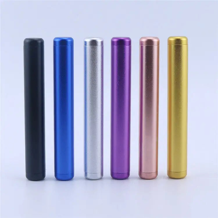 Six aluminum pre roll tubes in black, blue, silver, purple, rose gold, yellow