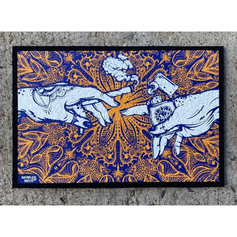 Amazing puff puff pass orange version UV mat with blue orange hands, cigarette and lighter