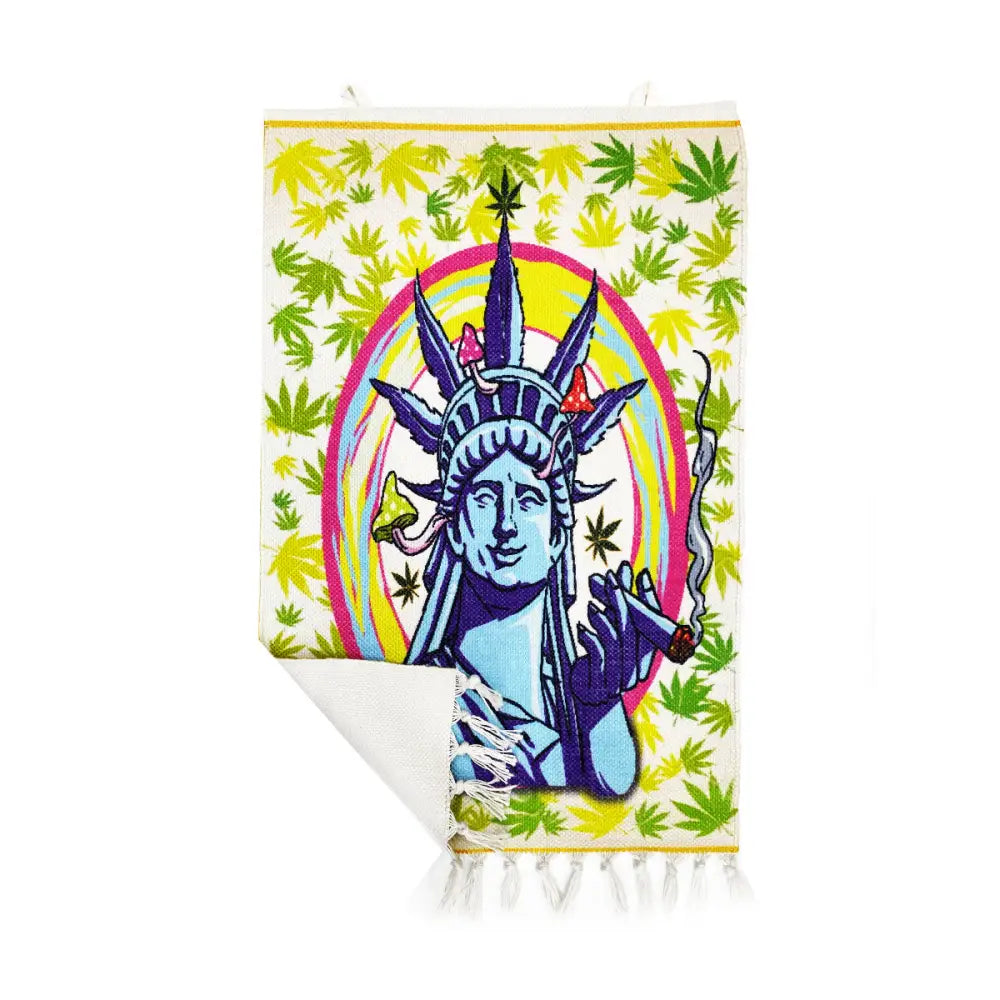 Vibrant psychedelic Liberty Wall Hanging with blue Statue of Liberty, cannabis leaves, mushrooms, 3ft x 2ft