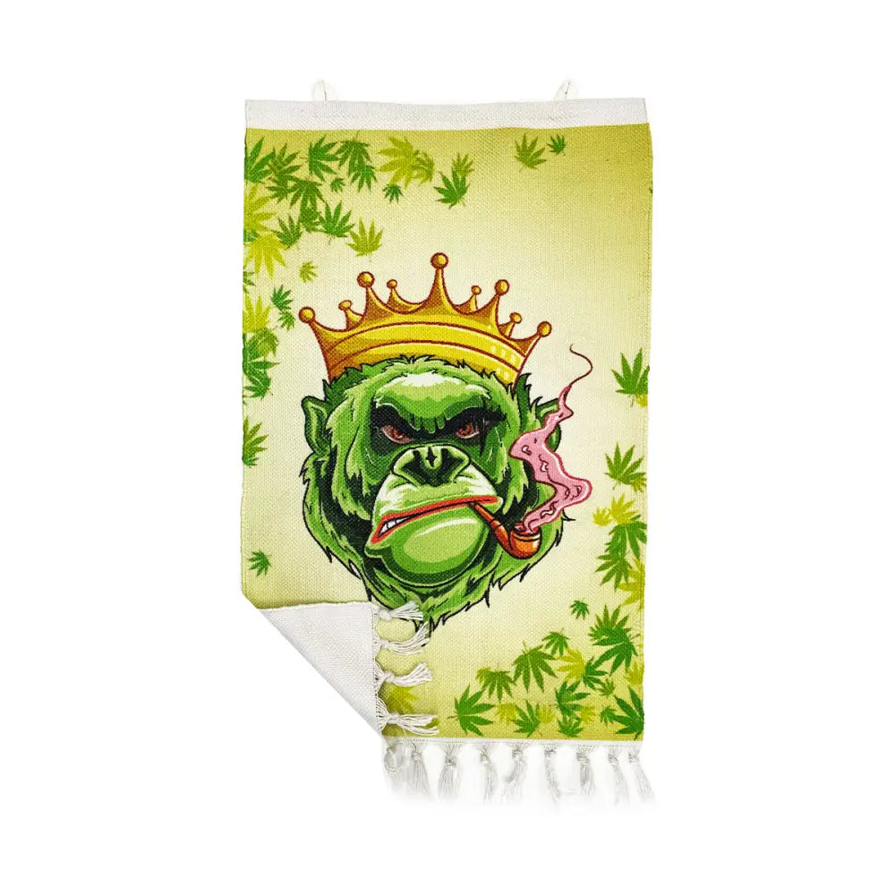 Green cartoon gorilla in gold crown smoking pipe on Gorilla Vibes Handloom Wall Art towel