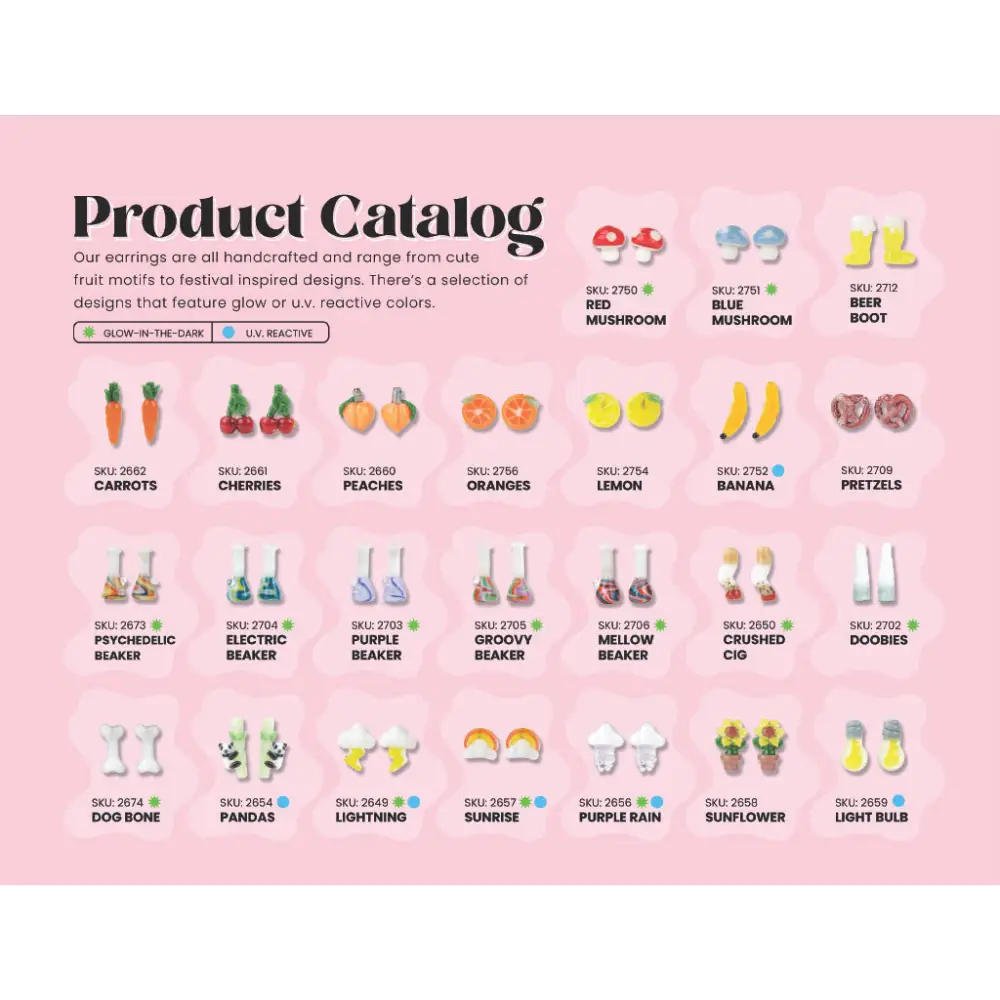 Colorful fruit and nature earrings in assorted earring refill kits on pink background