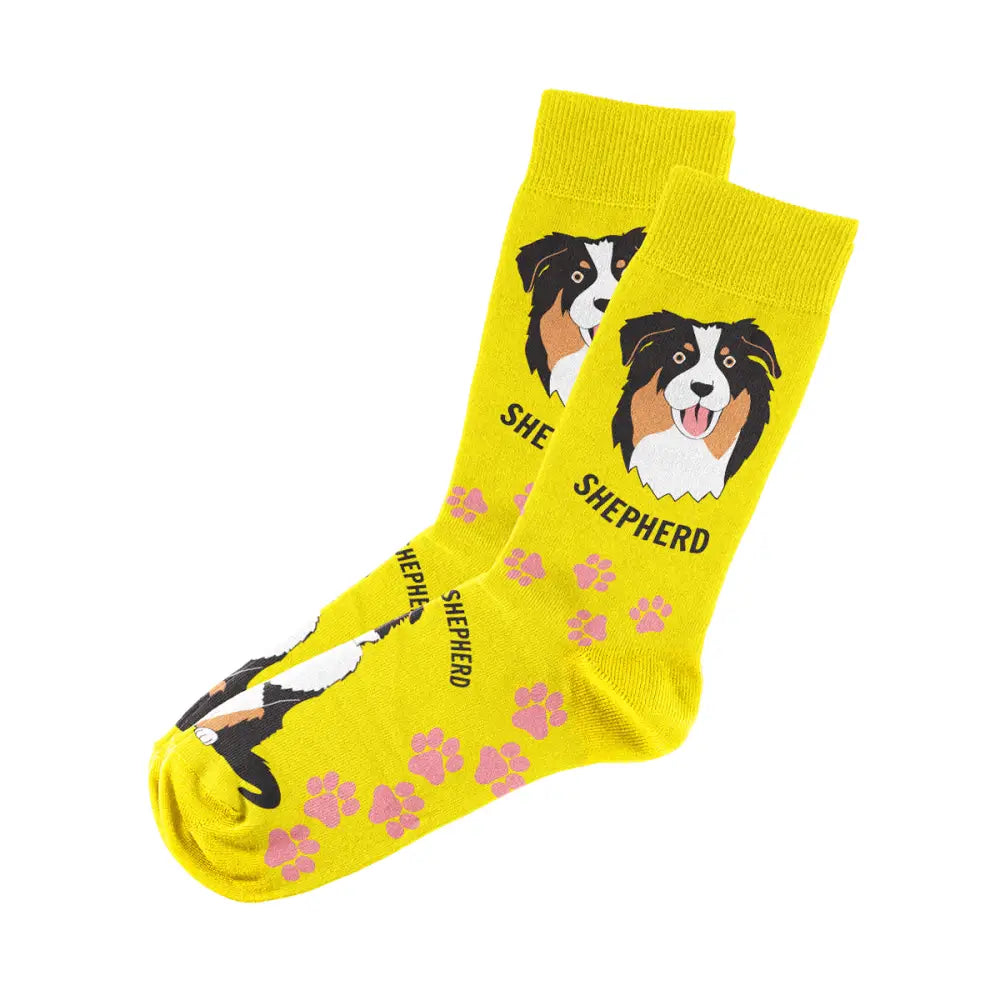 Yellow dog-themed Australian Shepherd socks with a unique fun unisex design