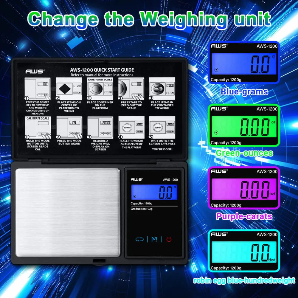 Black and silver AWS-1200 precision scale for smoking accessories
