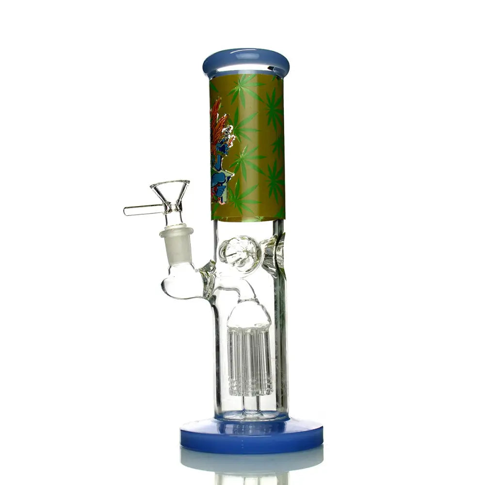 Aztec straight tube water pipe with blue base, green cannabis leaf body