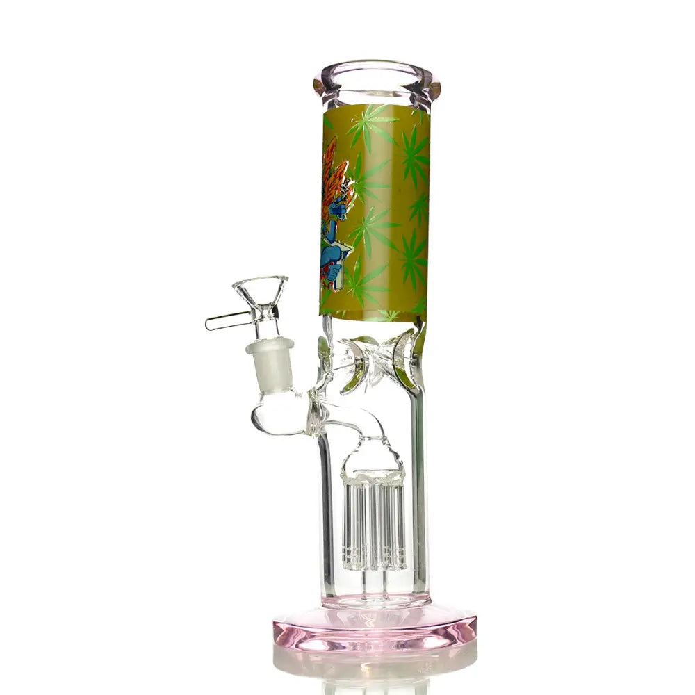 Aztec straight tube water pipe with green leaf patterns and pink accents