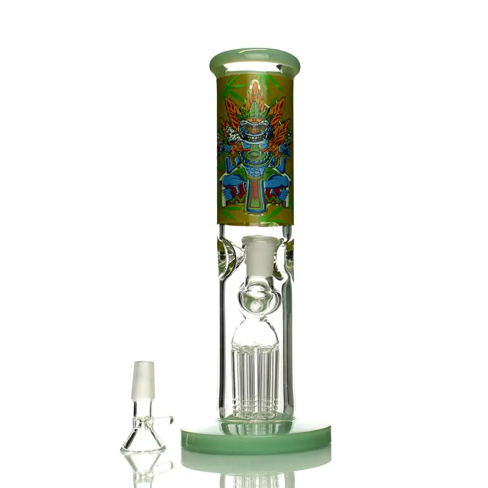 Aztec straight tube water pipe bong with green-tinted Aztec figure design