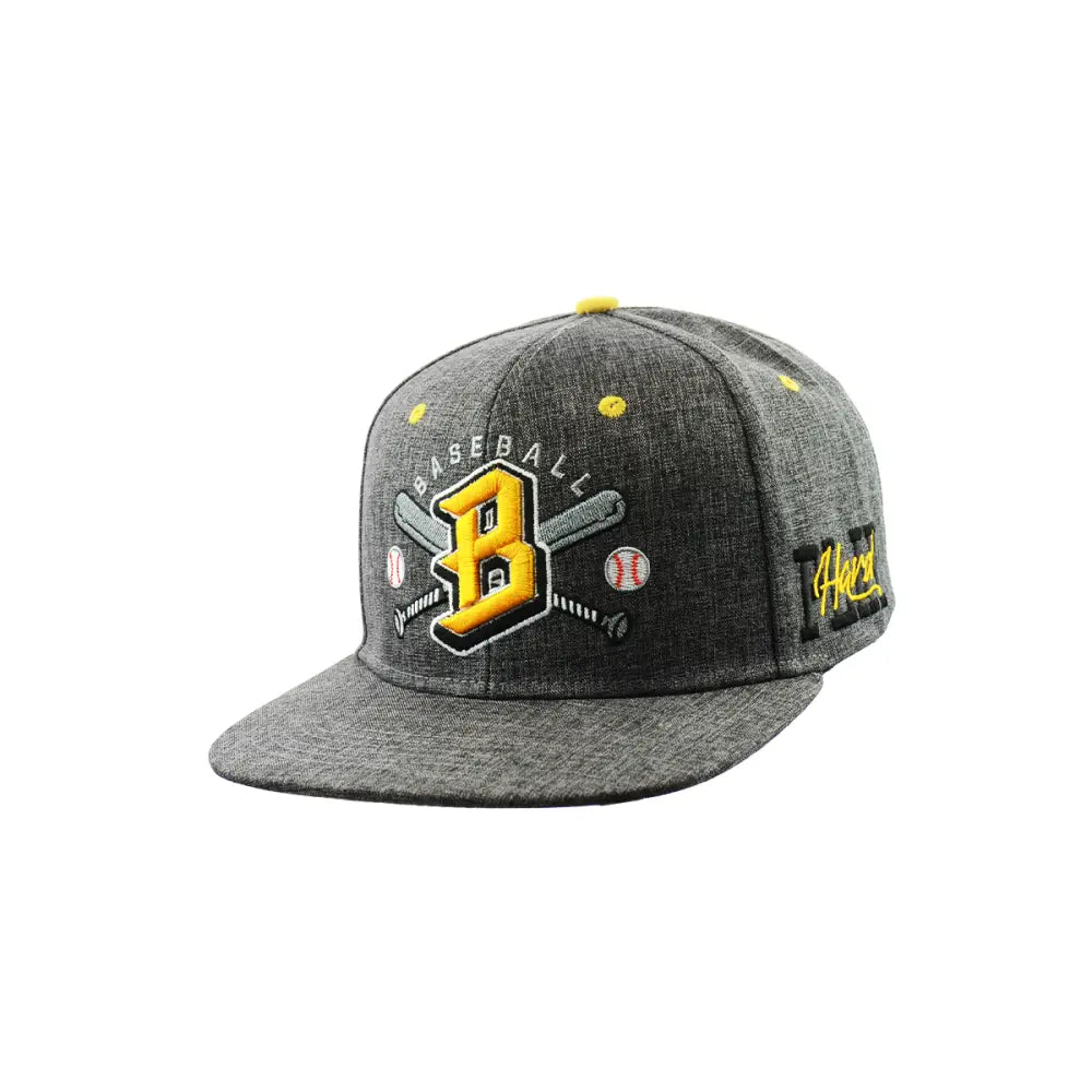 Gray baseball hat embroidered snapback with yellow accents for stylish sports fans