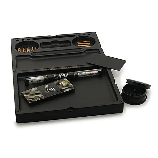 Black Renji bamboo tray kit with grinder and rolling papers