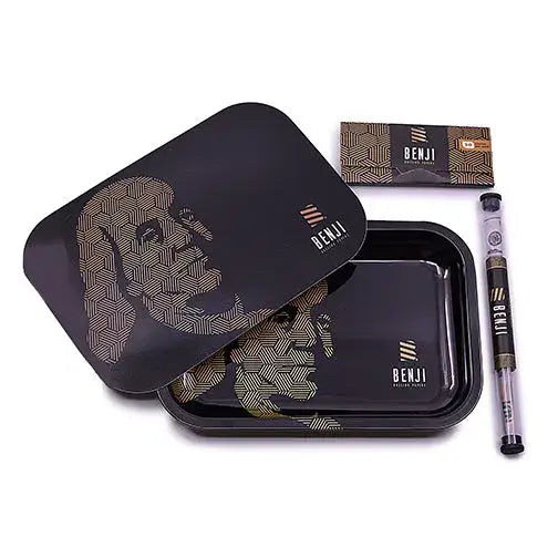 Benji art Franklin rolling tray kit with black metal tray and gold Benji design