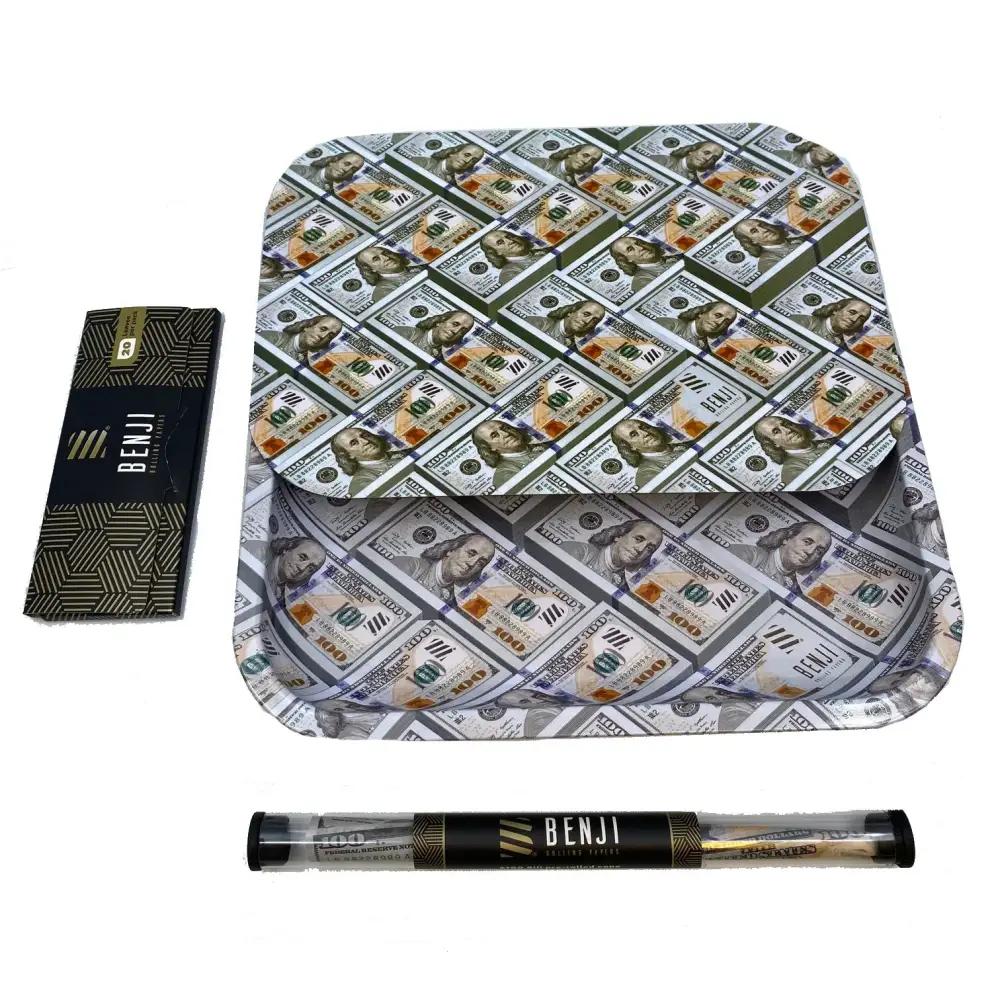 Benji tray kit with green $100 bill pattern for effortless joint rolling