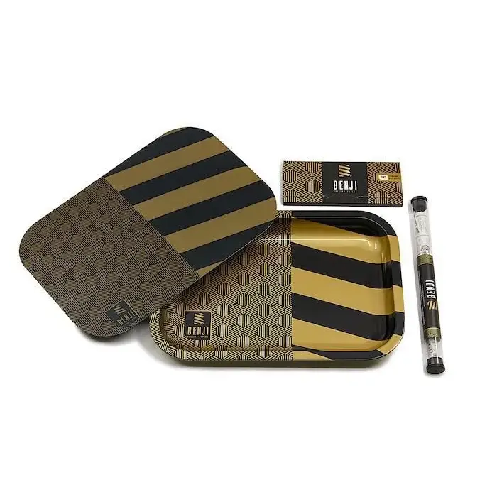 Benji tray kit premium rolling tray with black gold stripes and geometric lid