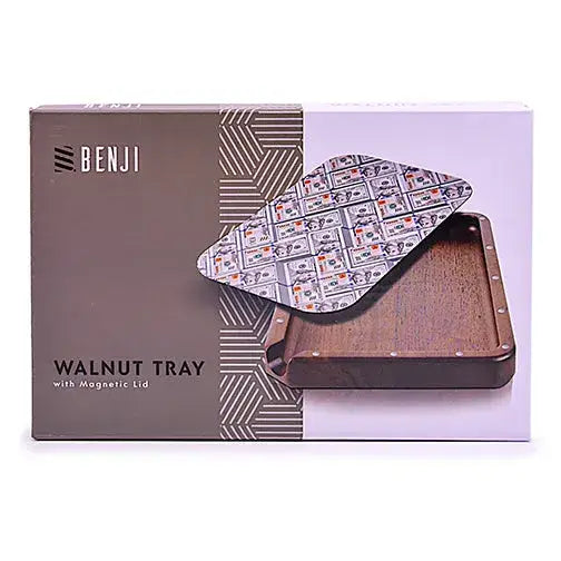 Benji walnut tray with magnetic lid kit, dark wood and currency pattern