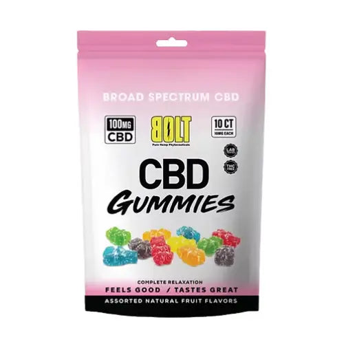 Pink and white Bolt CBD Gummies broad spectrum resealable pouch with assorted fruit candies