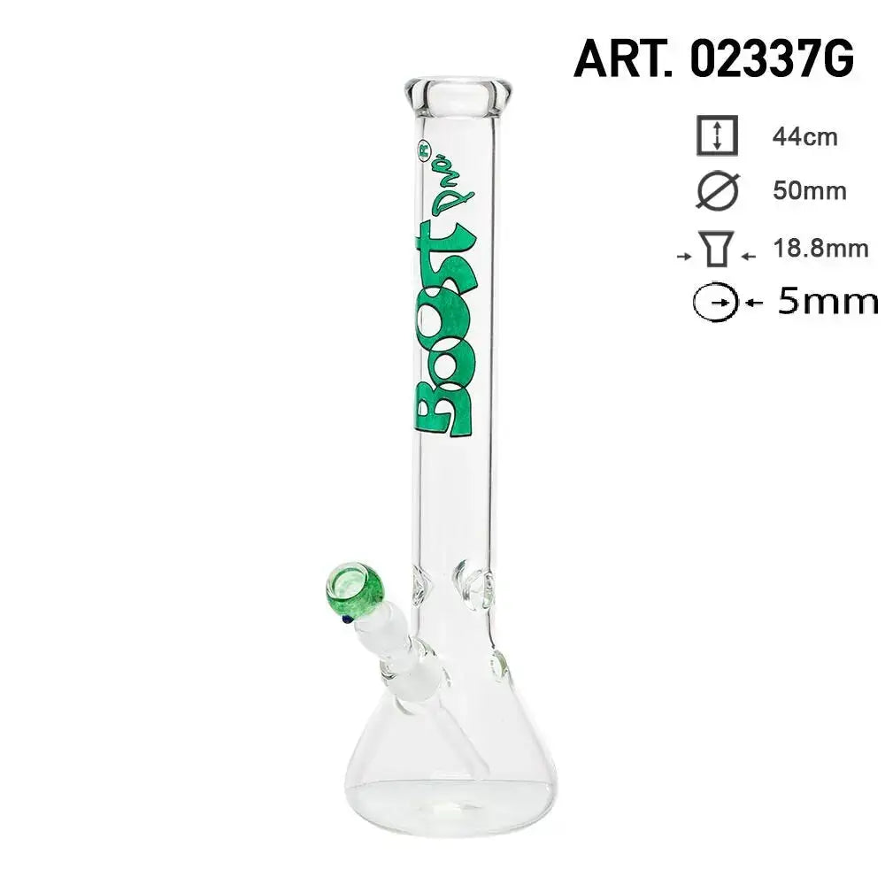 Glass water pipe with green Boost logo, showcasing beaker base and ice catcher features