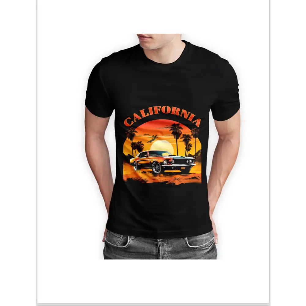 California Half Sleeve T-shirt with classic car and palm trees graphic at sunset
