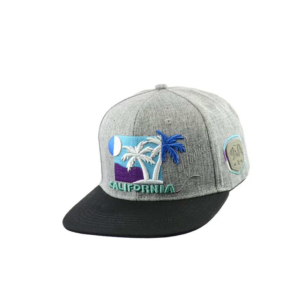 Gray and black California Sunset Embroidered Snapback Hat showcasing sunset embroidered snapback style