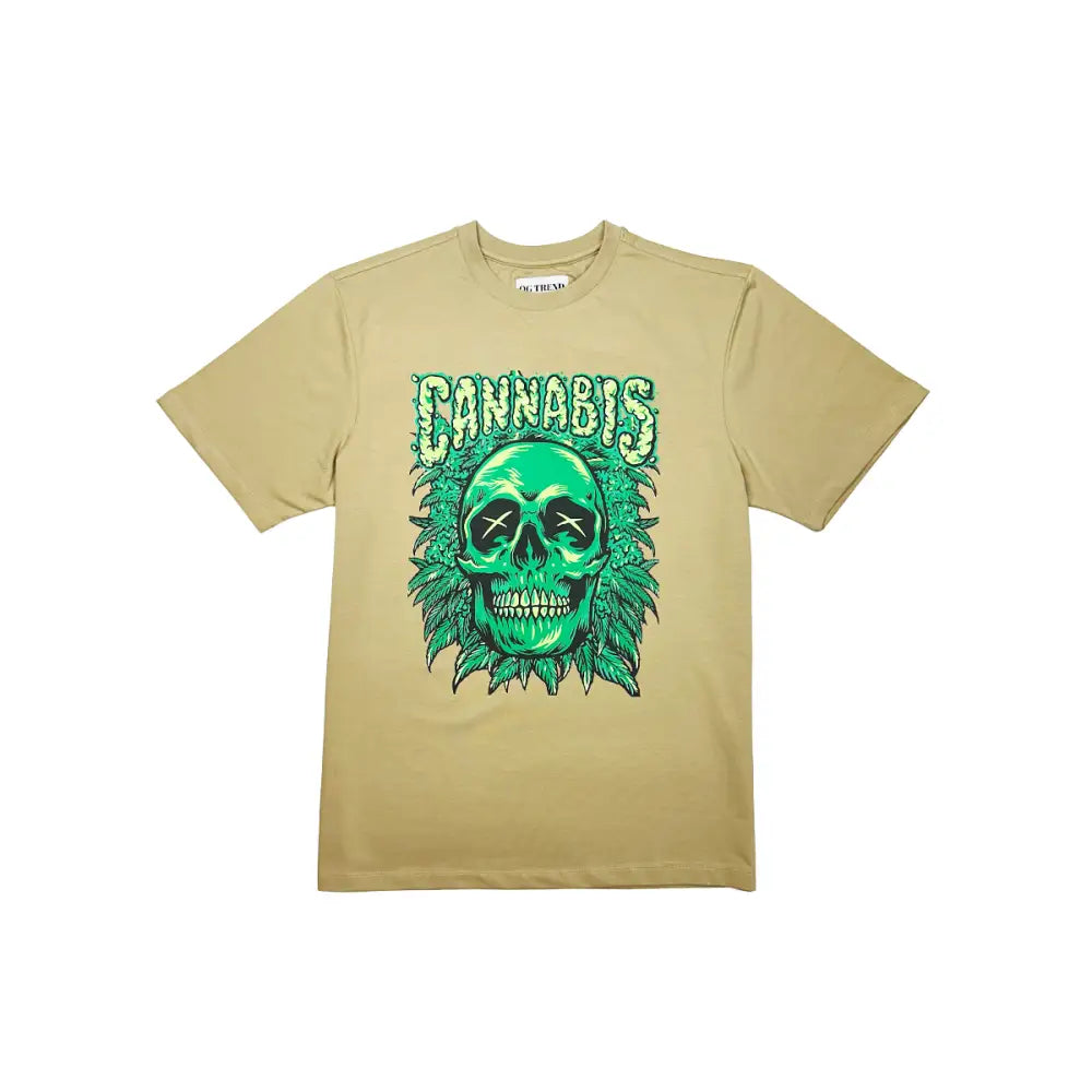 Tan T-shirt with cannabis skull graphic, featuring a skull half sleeve design in black cotton blend
