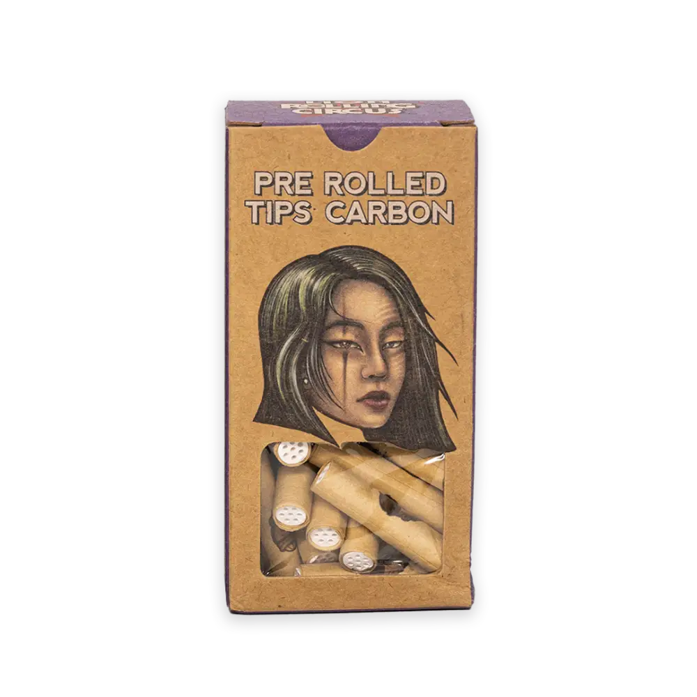 Box of Carbon Rolling Filter Tips with woman’s face illustration on the packaging