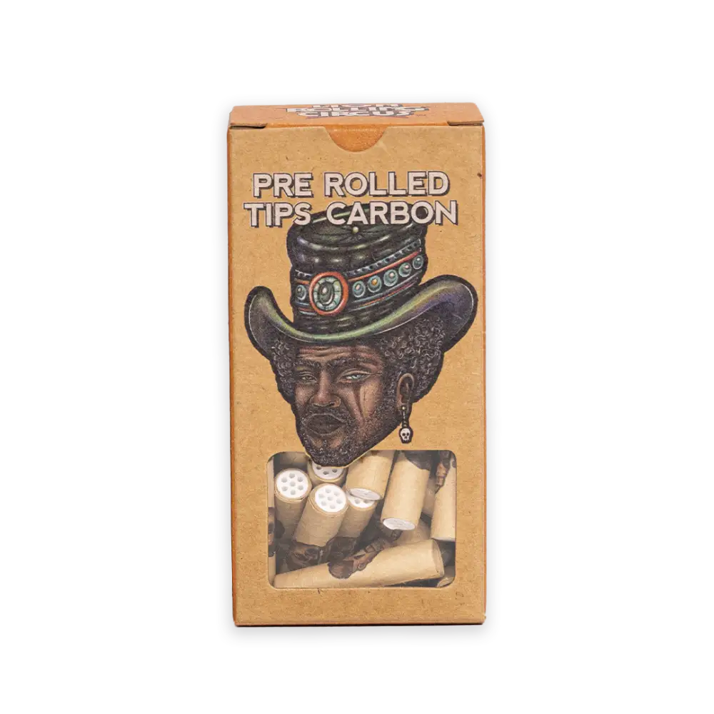 Box of Carbon Rolling Filter Tips featuring illustrated portrait on packaging