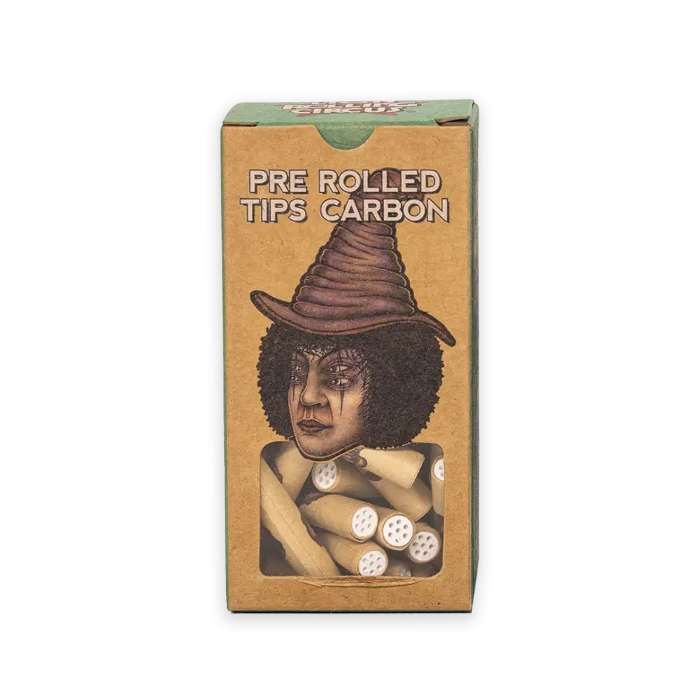 Box of Carbon Rolling Filter Tips with illustrated character for a pure smoking experience