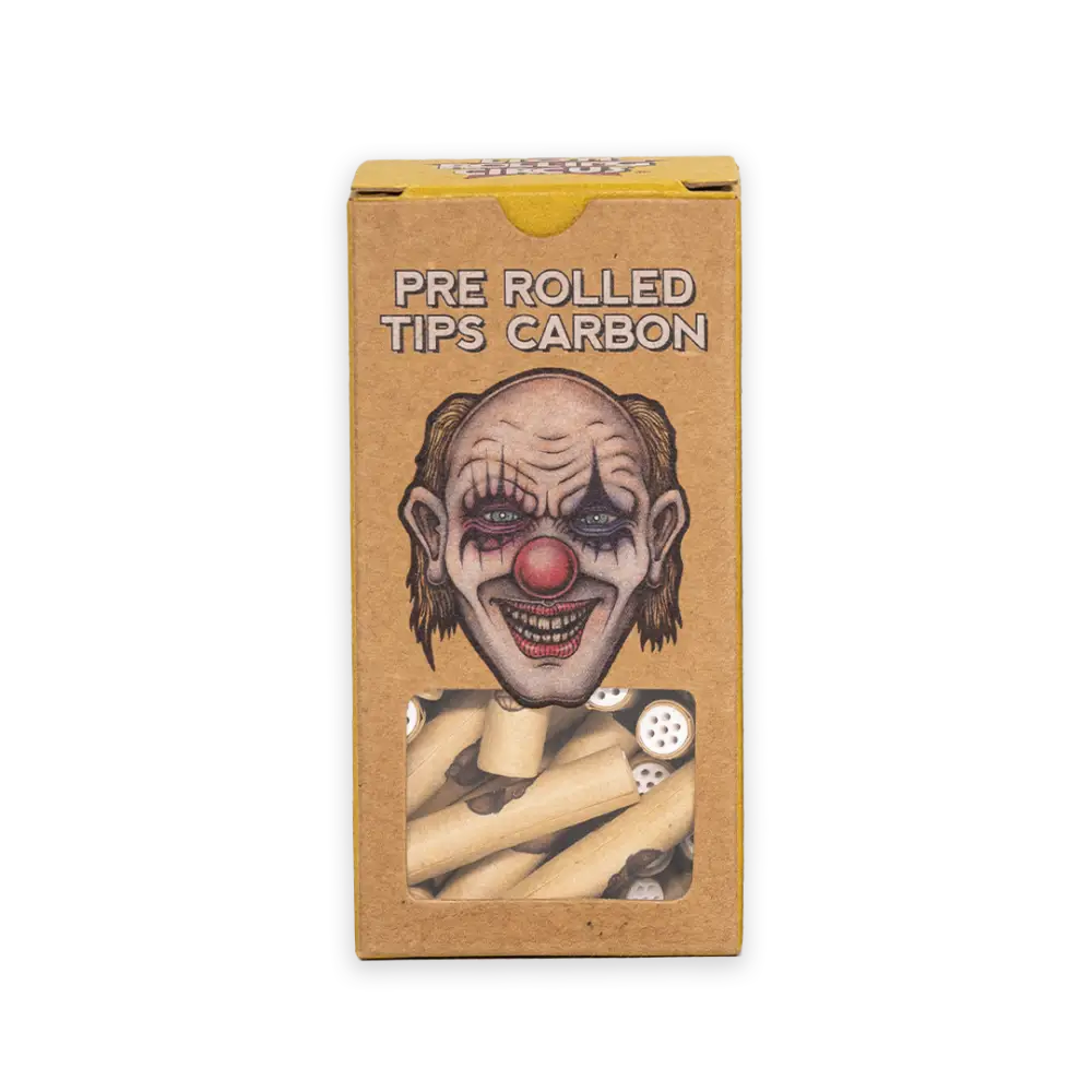 Box of Carbon Rolling Filter Tips featuring a clown face illustration on the packaging