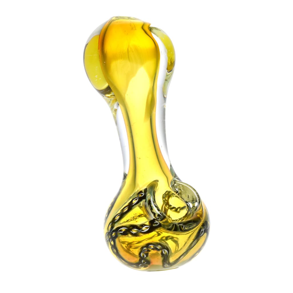 Fumed Glass Hand Pipe With Twisted Helix Design, Yellow Bulbous Shape, And Swirling Patterns