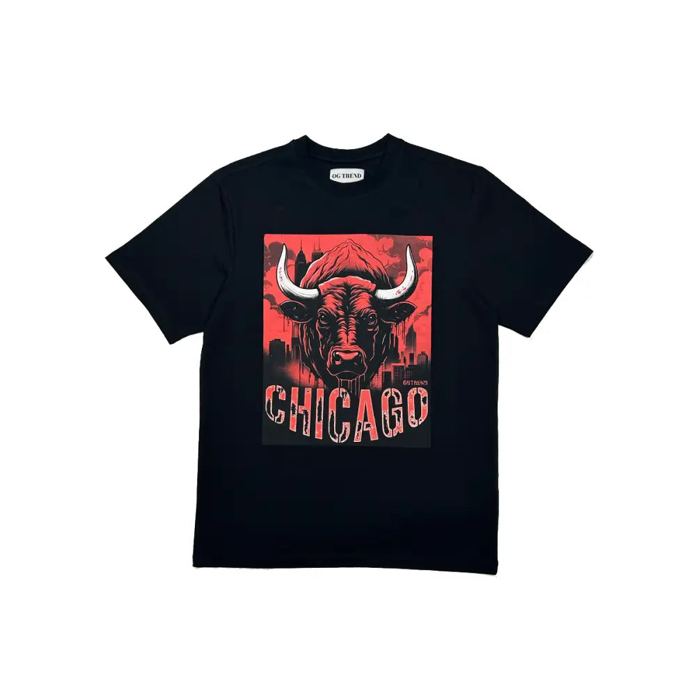 Chicago Half Sleeve Black T-shirt with Red Bull Graphic and Chicago Text Design