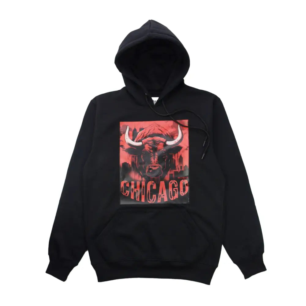 Black Chicago hoodie with bull graphic and durable silk screen printing, perfect for streetwear