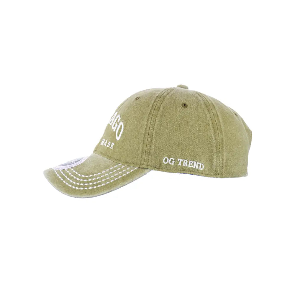 Olive green Chicago Original Cotton Buckle Hat with white stitching and embroidery
