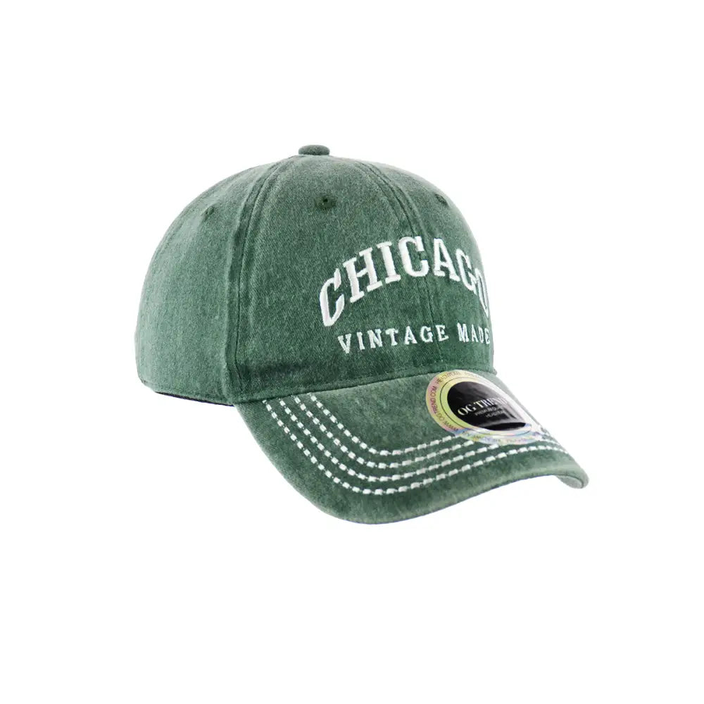 Green Chicago Original Cotton Buckle Hat with white stitching and lettering
