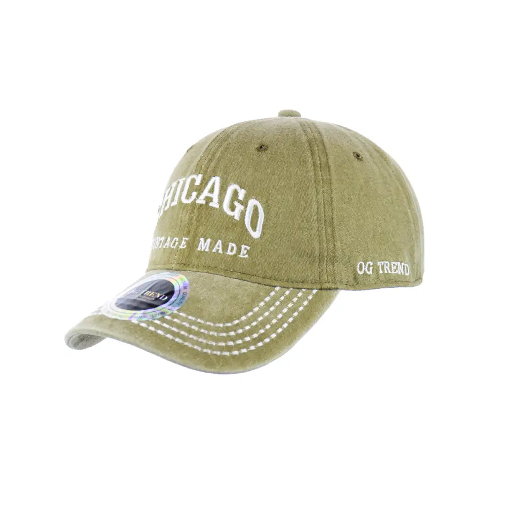 Olive green Chicago Original Cotton Buckle Hat with white stitching text