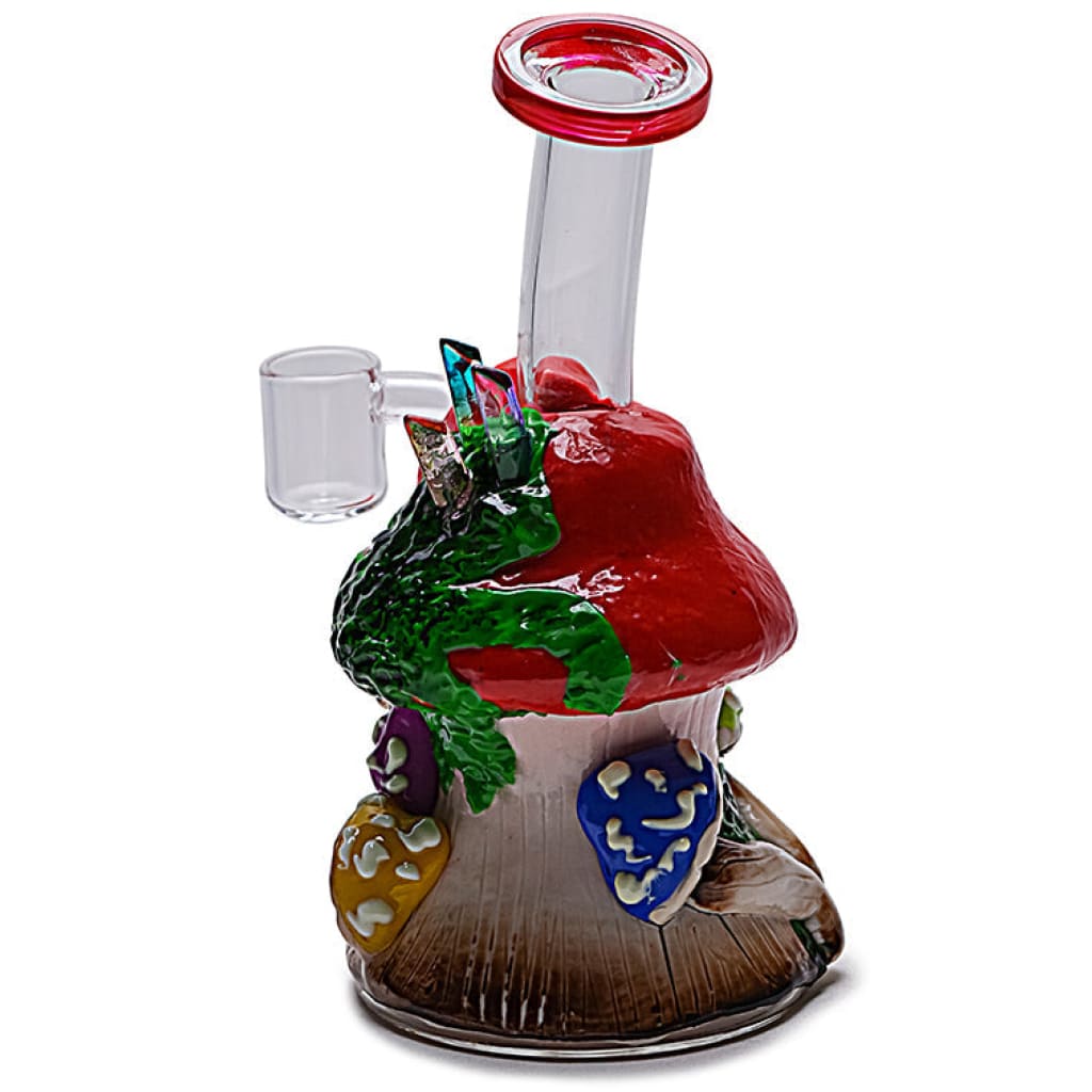 Glow-in-the-dark clay mushroom water pipe resembling a colorful mushroom house