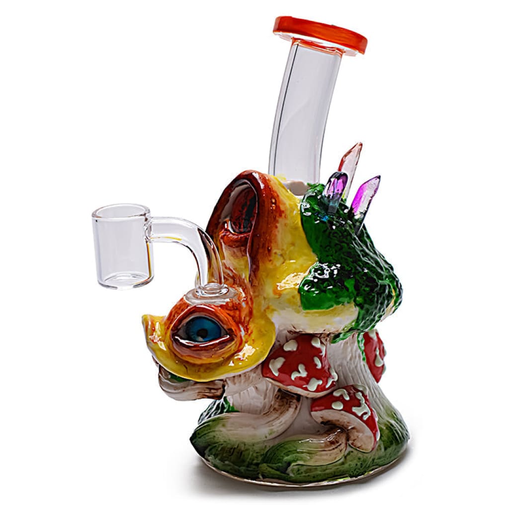 Glow-in-the-dark clay mushroom rig with fantastical creature and colorful glass details