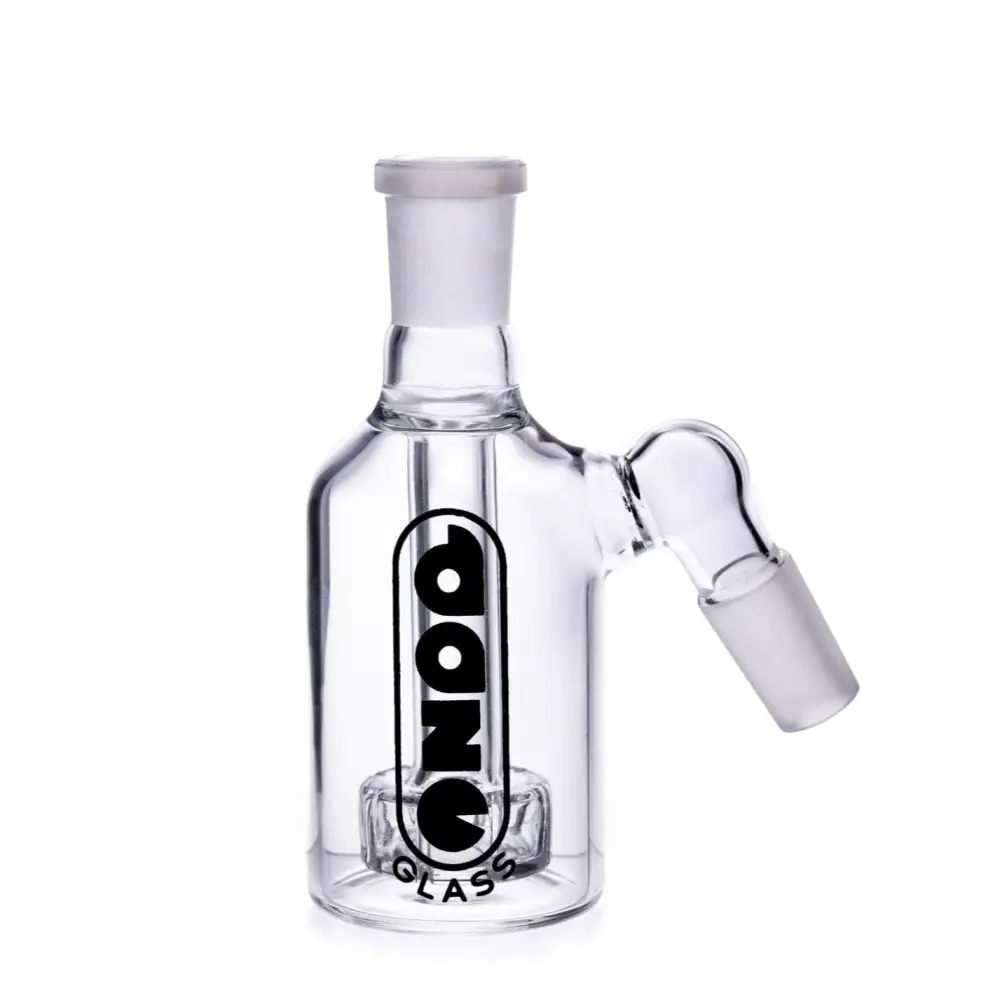 Clear glass ash catcher with circ percolator 14mm 45 degree and black cone glass logo